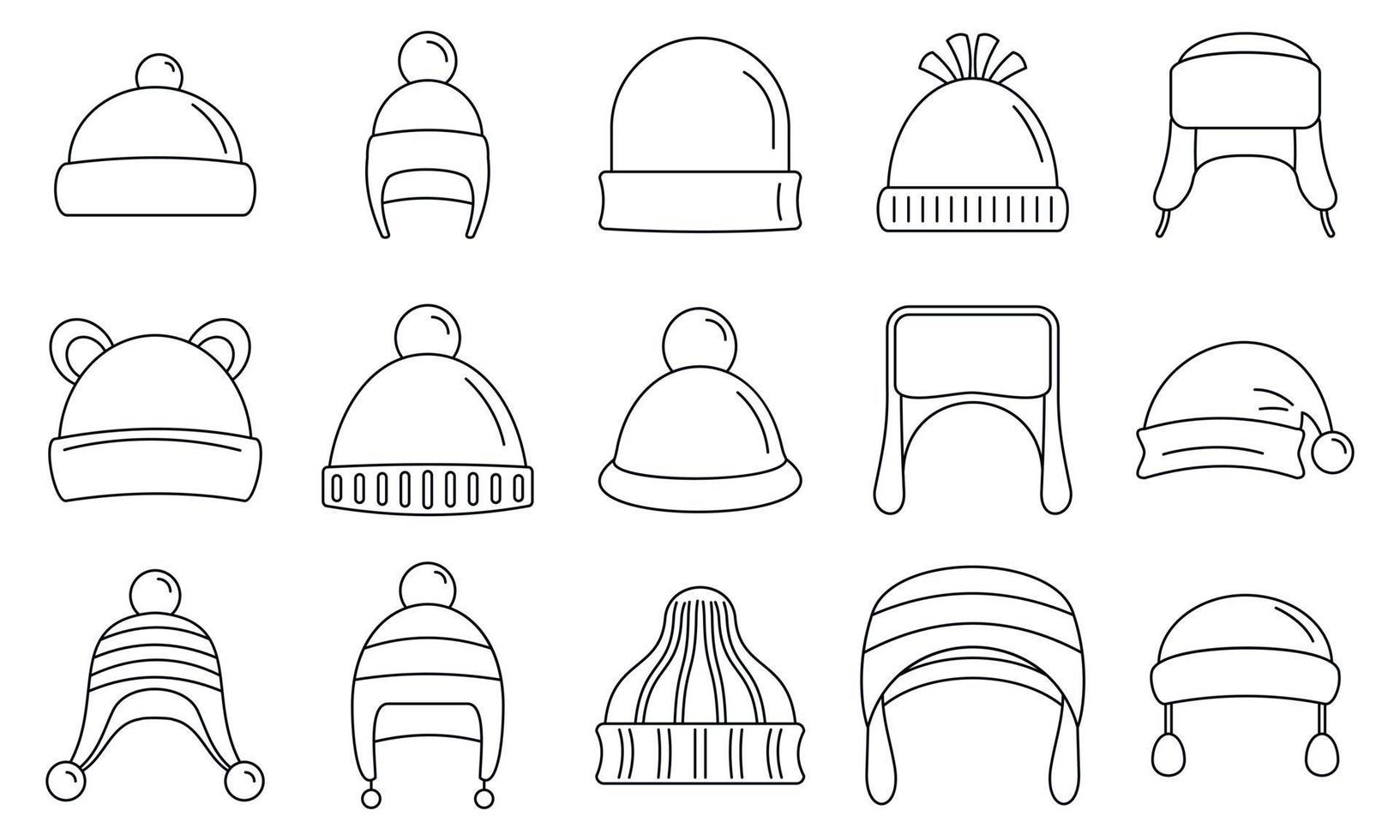 conjunto de ícones de roupa de chapéu de inverno, estilo de contorno vetor