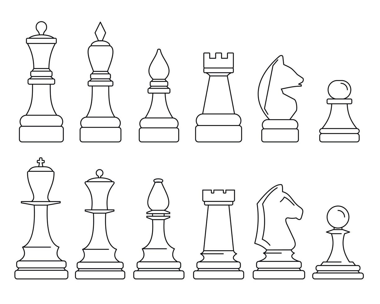 conjunto de ícones de peças de xadrez, estilo de estrutura de tópicos vetor