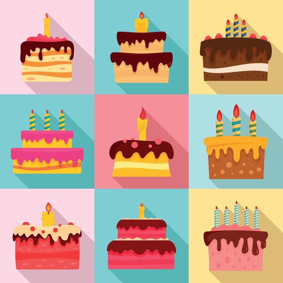 conjunto de ícones de aniversário de bolo, estilo simples vetor