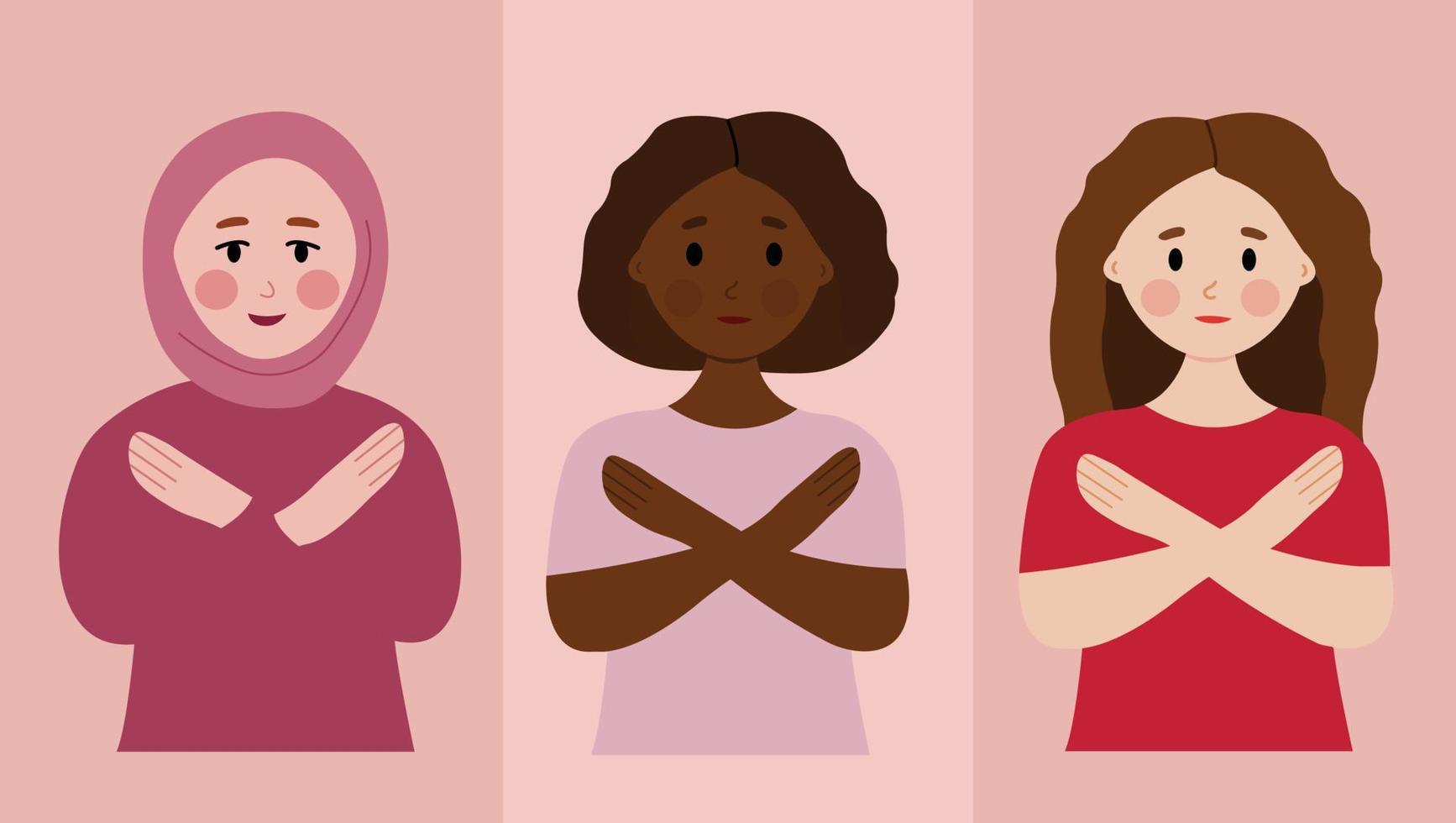 quebre a ilustração na moda de viés com um conjunto de diversas mulheres com as mãos cruzadas. conceito de igualdade das mulheres, quebrar o estereótipo em relação às mulheres de todas as nacionalidades e religiões. vetor