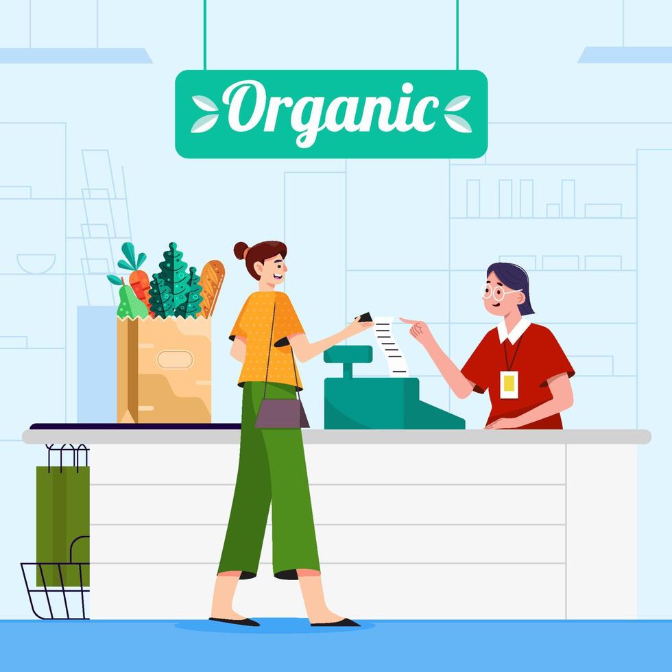 mulher compra mantimentos orgânicos no conceito de supermercado vetor