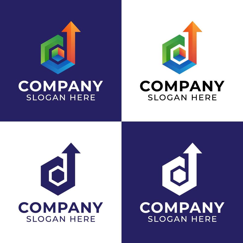logotipos superiores da seta da letra d com formas hexagonais da caixa do cubo inspirações de logotipo digital para pacote de entrega ou logística vetor