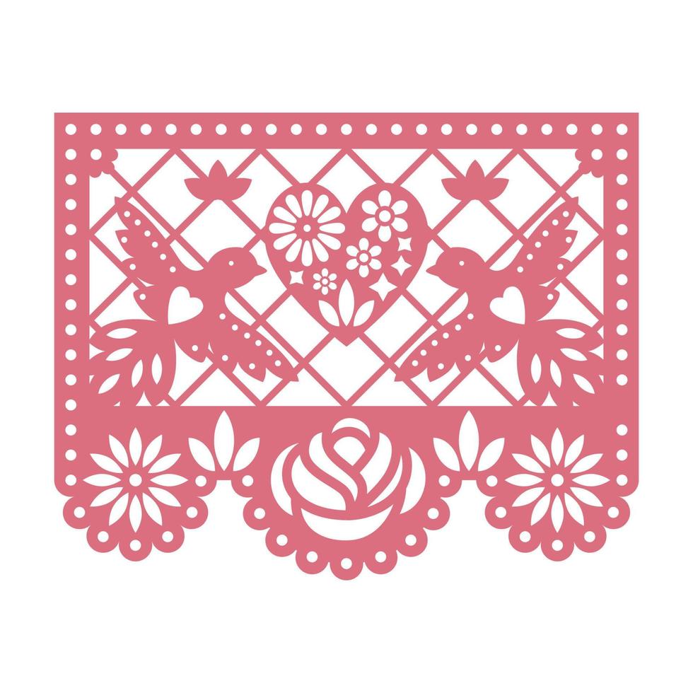 cartão de papel com flores cortadas, pombas e coração. papel picado vector design de modelo isolado no fundo branco. guirlanda de papel mexicana tradicional.