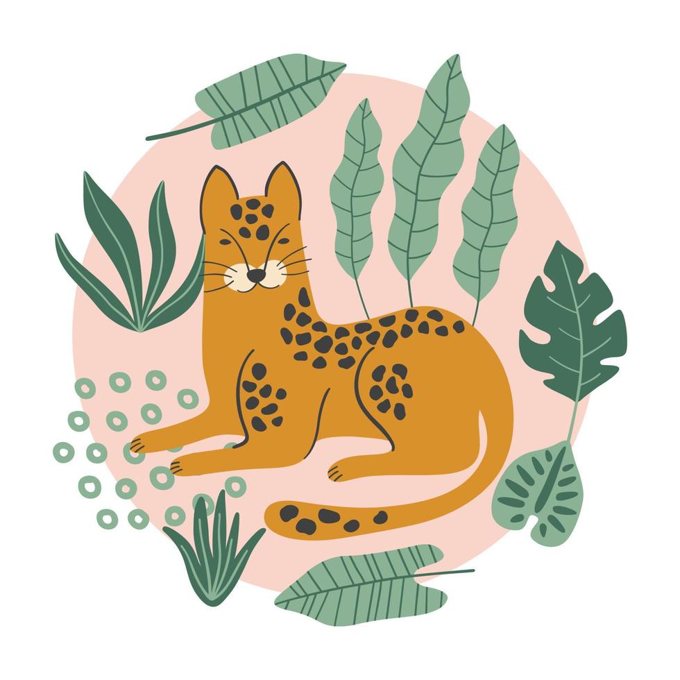 impressão desenhada à mão com leopardo fofo e folhas tropicais. ilustração vetorial. vetor