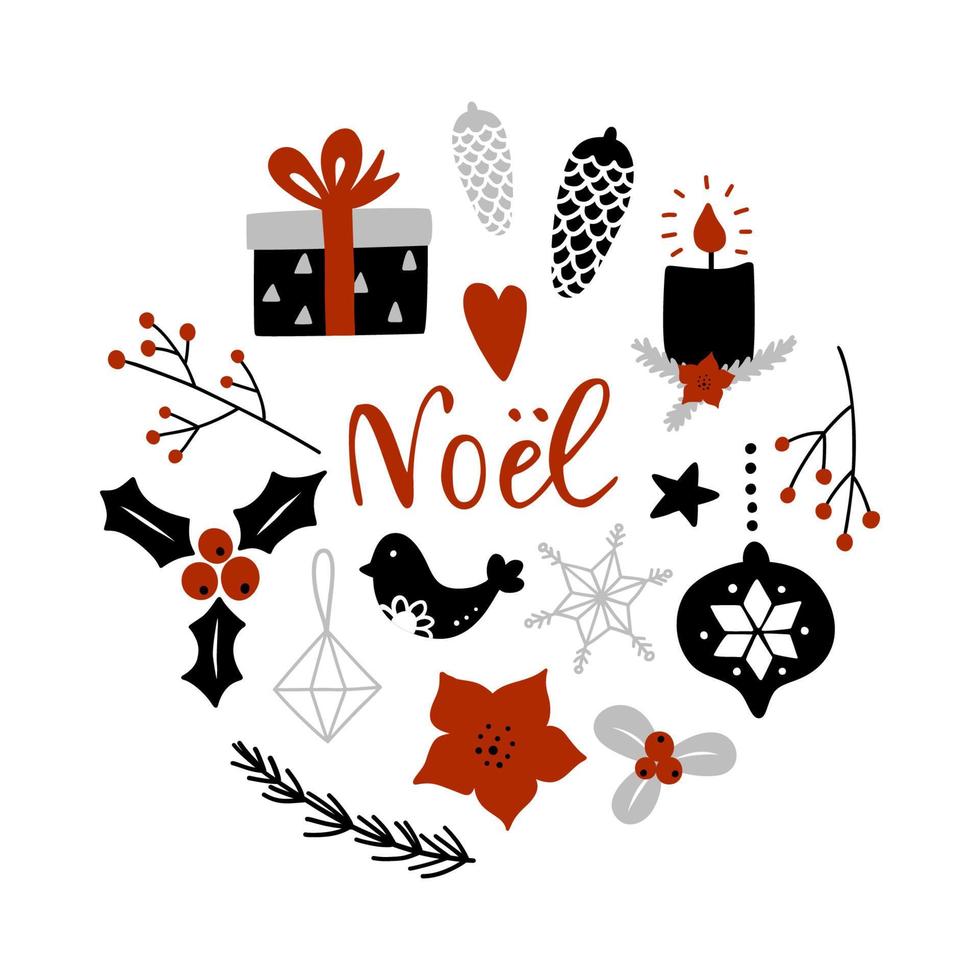 noel, feliz natal em francês. composição do círculo com atributos de decoração de natal. ilustração vetorial. vetor