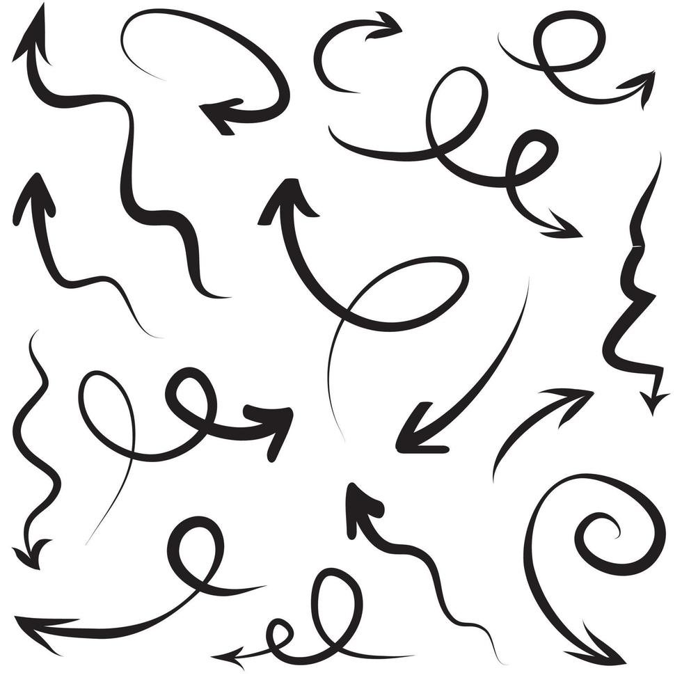 conjunto de ícones de seta desenhada de mão isolado no fundo branco. ilustração vetorial doodle. vetor