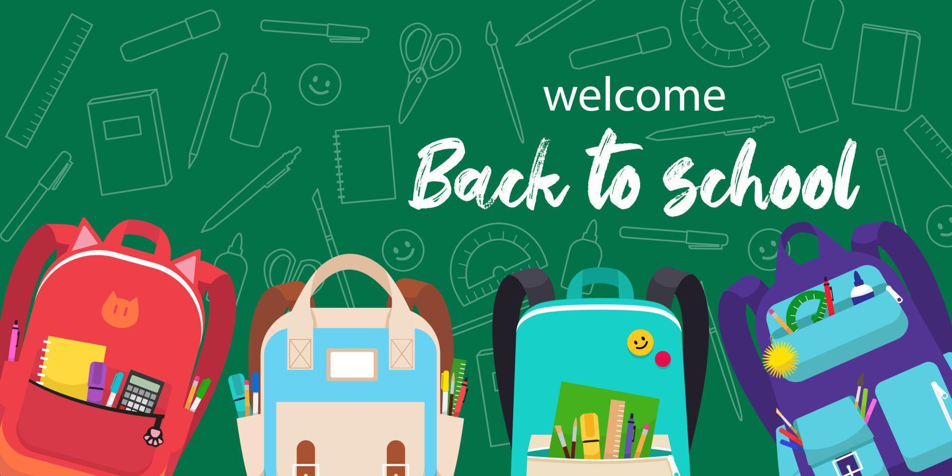 de volta ao banner da web da escola. fundo verde com ilustrações coloridas de mochilas e material educacional. vetor