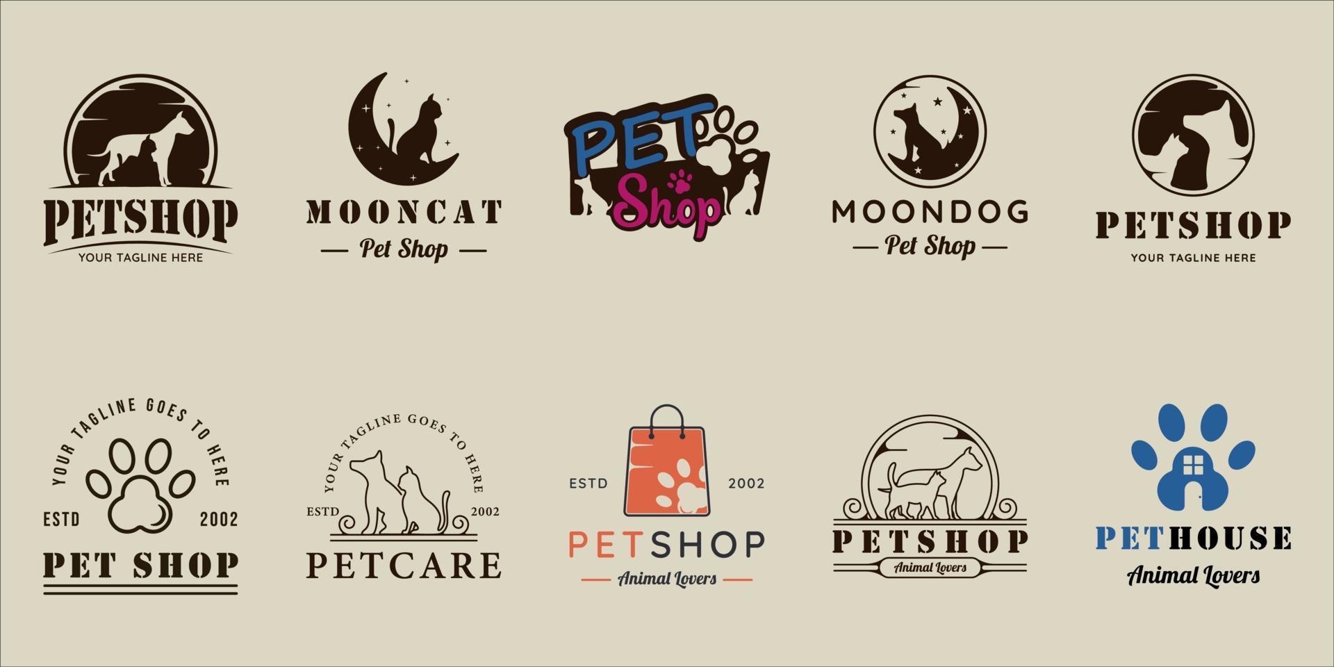 conjunto de logotipo do pet shop linha vintage ilustração vetorial modelo ícone design gráfico. coleção de pacotes de vários sinais ou símbolos de gato e cachorro para negócios ou amante de animais vetor