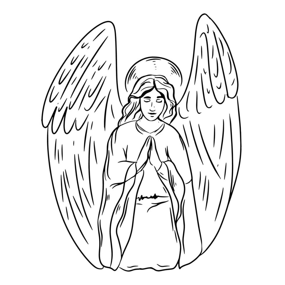 anjo reza de joelhos símbolo religioso do cristianismo mão desenhada ilustração vetorial esboço preto no branco. desenho à mão vetor