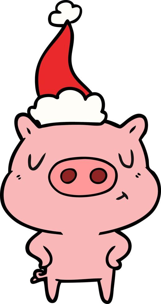 desenho de linha de um porco de conteúdo usando chapéu de papai noel vetor