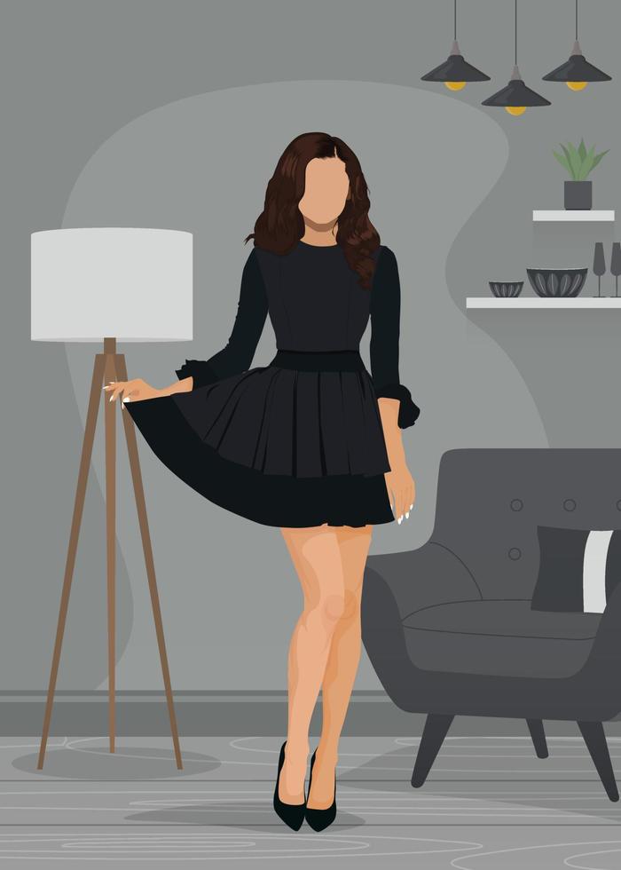 ilustração de retrato plana de uma loira usando vestido preto chique. vetor
