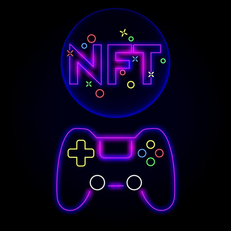 conceito de arte de jogo não fungível nft de luz neon brilhante, tecnologia de arquivo de arte digital para moeda criptográfica de investimento. vetor