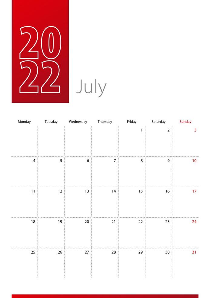 design de calendário de julho de 2022. semana começa na segunda-feira. modelo de calendário vertical. vetor