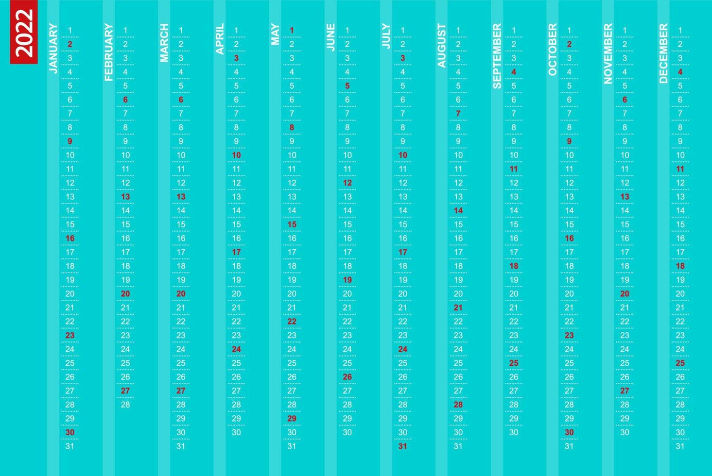 Calendário vertical 2022 com domingos selecionados. vetor