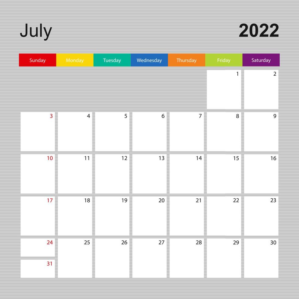 página do calendário para julho de 2022, planejador de parede com design colorido. semana começa no domingo. vetor