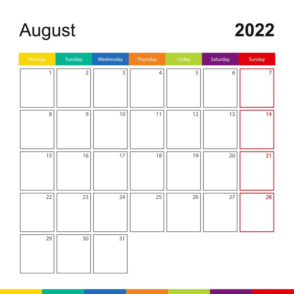 calendário de parede colorido de agosto de 2022, semana começa na segunda-feira. vetor