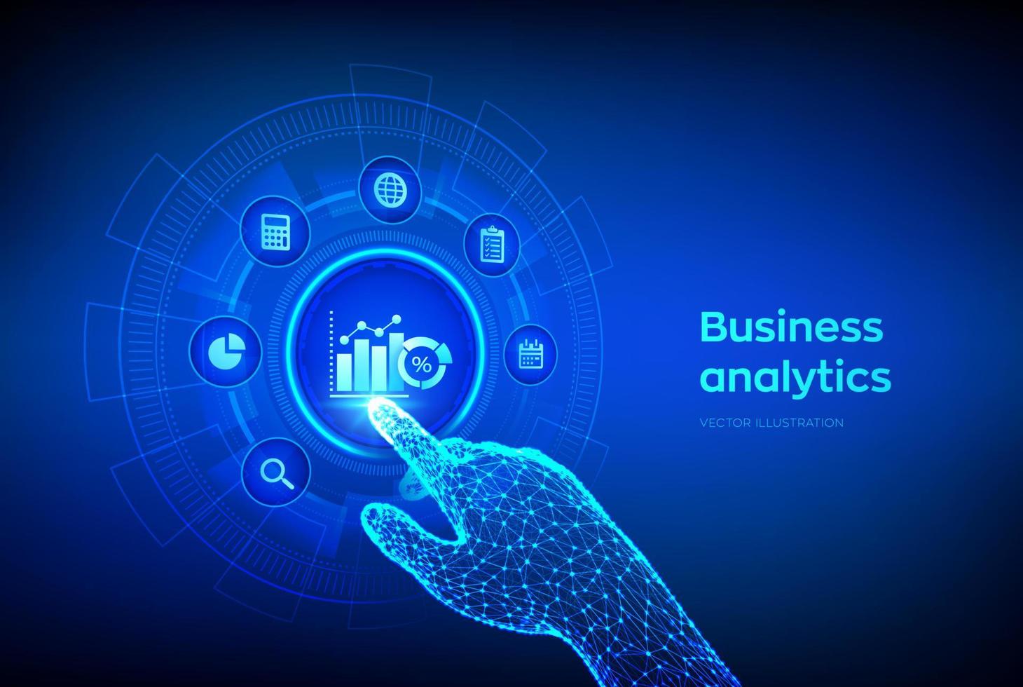 análise de dados de negócios e conceito de automação de processos robóticos na tela virtual. lucro e receita do conceito de empresa, bi ou kpi. mão robótica tocando interface digital. ilustração vetorial. vetor