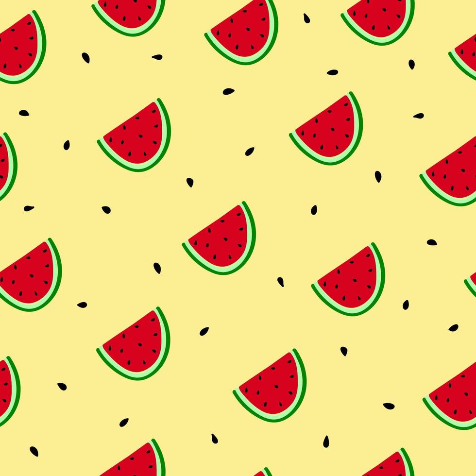 padrão sem emenda de fatias de melancia. fruta doodle desenhada de mão em fundo amarelo. fundo de verão brilhante. vetor