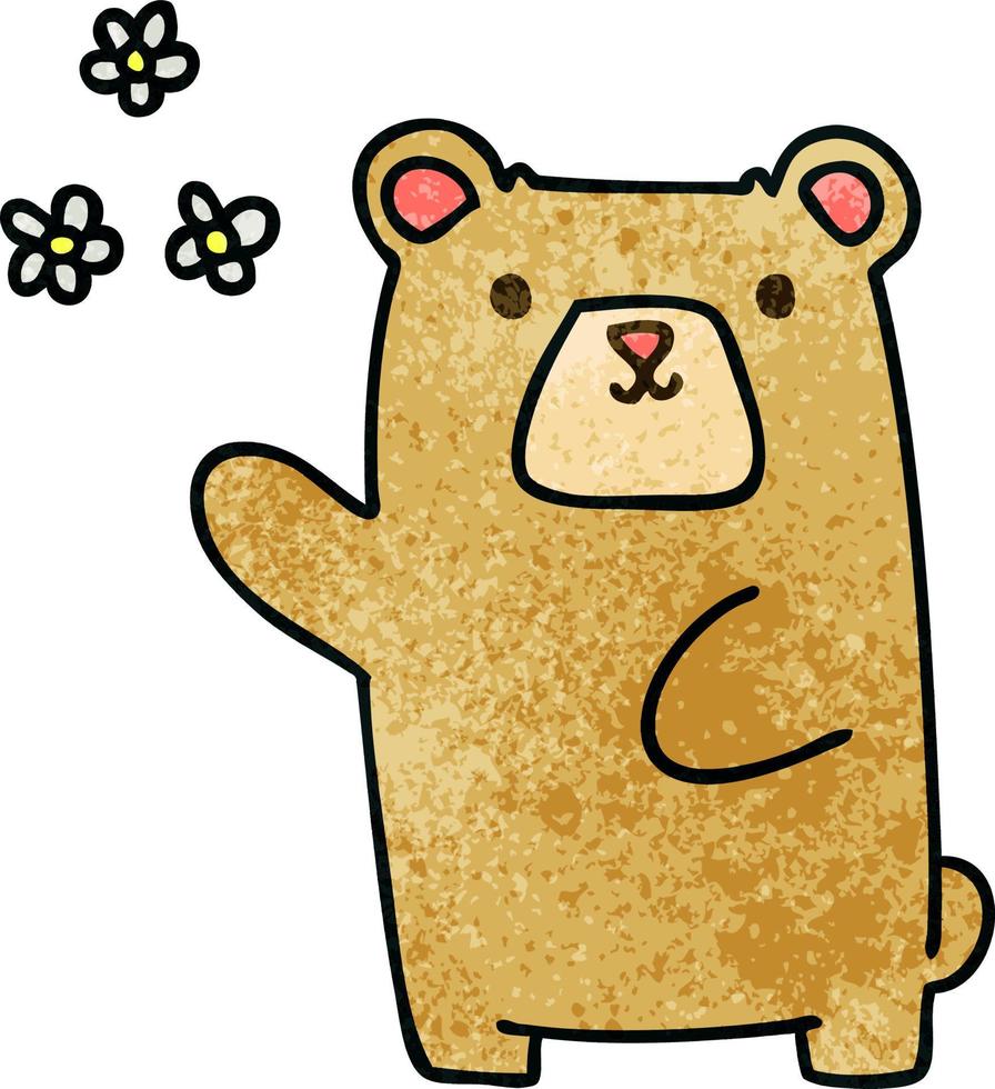 urso de desenho animado desenhado à mão peculiar e flores vetor