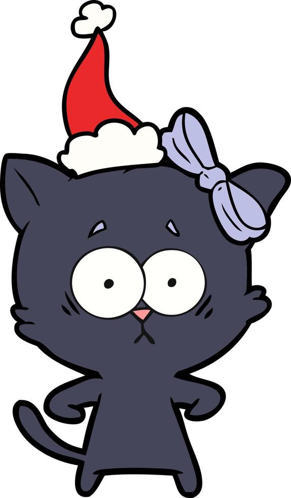 desenho de linha de um gato usando chapéu de papai noel vetor