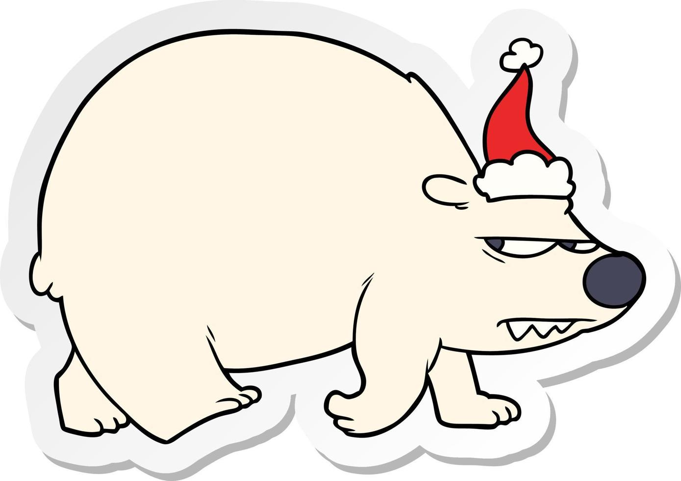 desenho de adesivo de um urso polar zangado usando chapéu de papai noel vetor