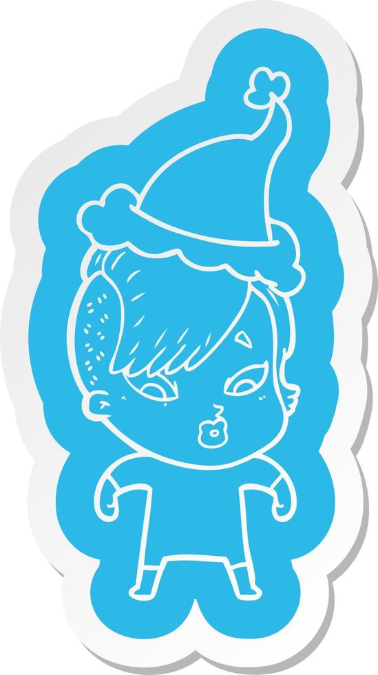 adesivo de desenho animado de uma garota surpresa usando chapéu de papai noel vetor