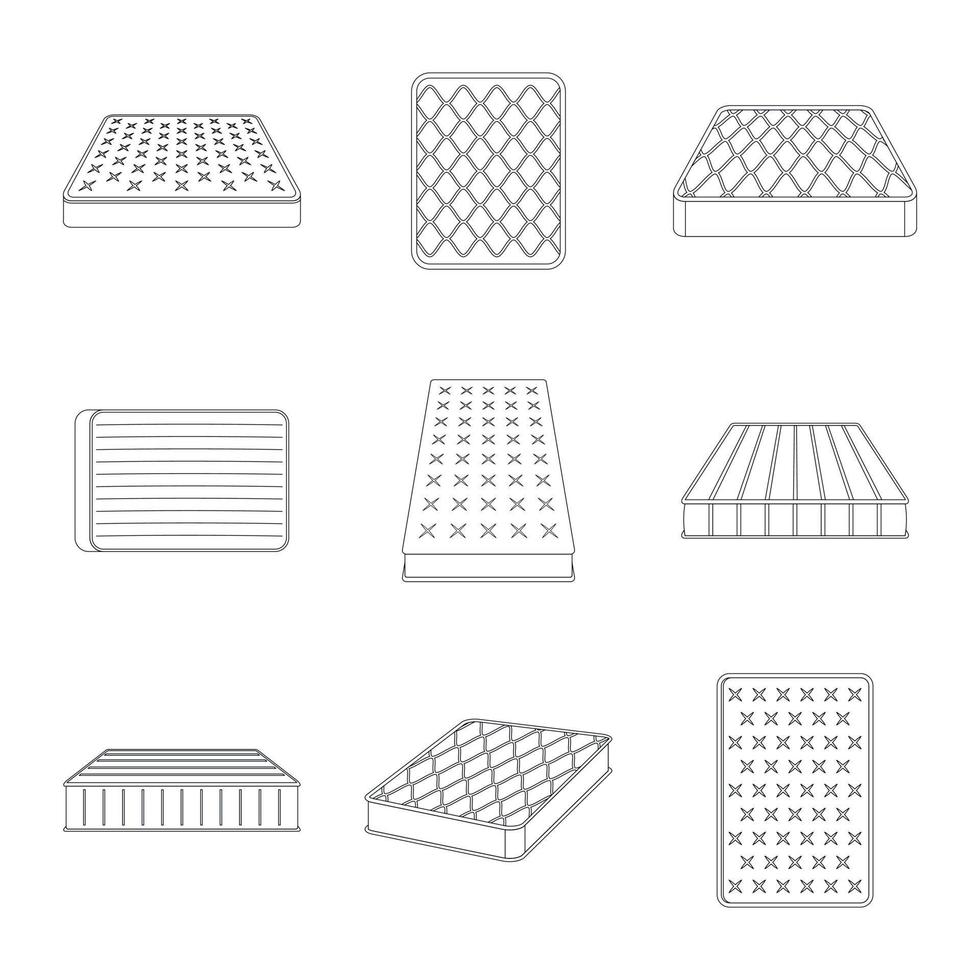 conjunto de ícones de cama squab colchão, estilo de estrutura de tópicos vetor