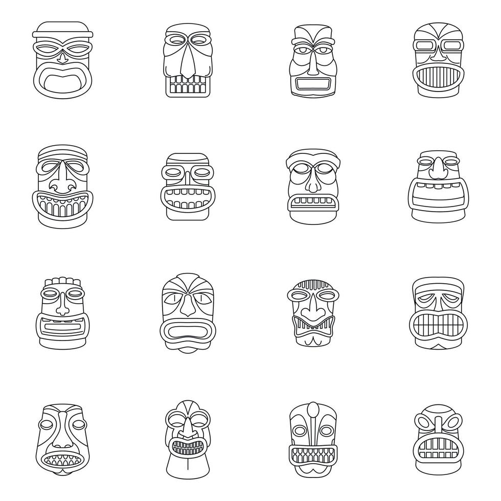 conjunto de ícones do tiki idol asteca havaí, estilo de contorno vetor