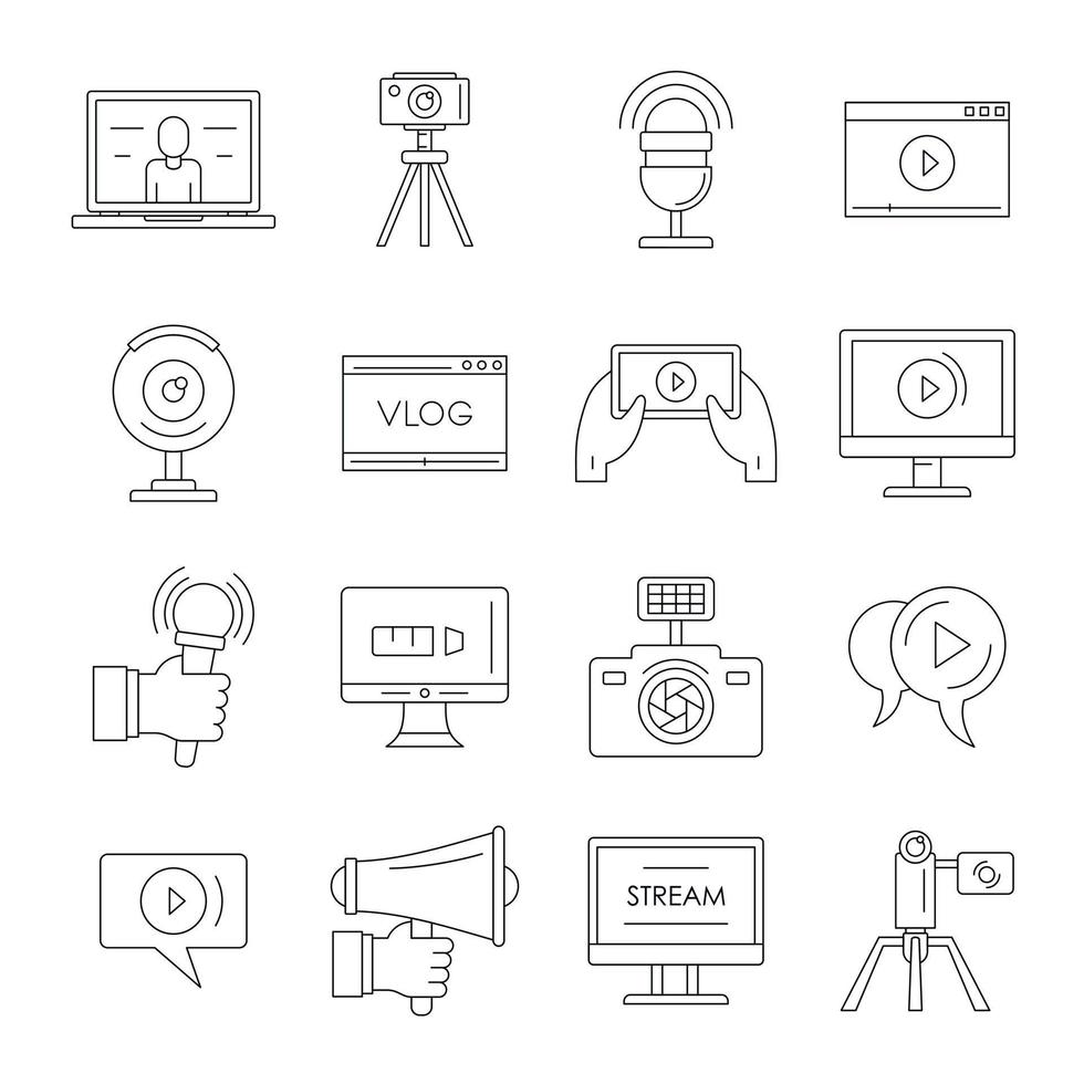 conjunto de ícones de logotipo de canal de vídeo vlog, estilo de estrutura de tópicos vetor