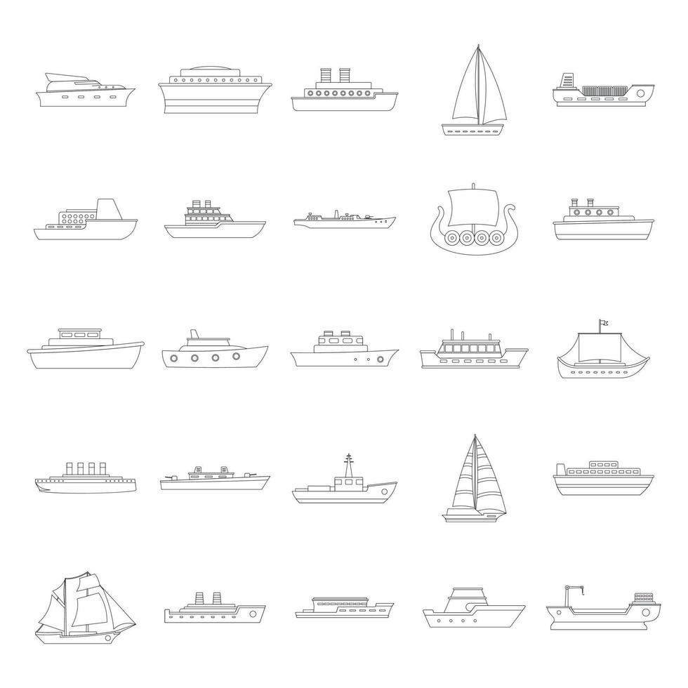 conjunto de ícones de tipos de embarcações marinhas, estilo de estrutura de tópicos vetor