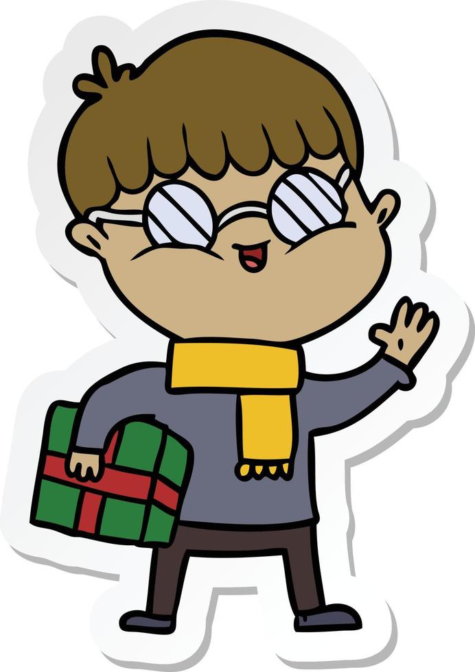 adesivo de um menino de desenho animado usando óculos carregando presente vetor