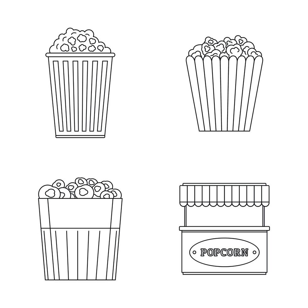 conjunto de ícones de caixa de cinema de pipoca, estilo de estrutura de tópicos vetor