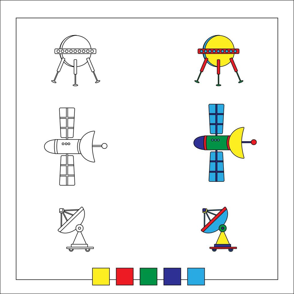 página para colorir de transporte. esboço de nave espacial e planetas. vetor