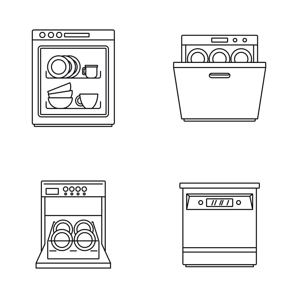 ícones de cozinha de máquina de lavar louça definir estilo de contorno vetor