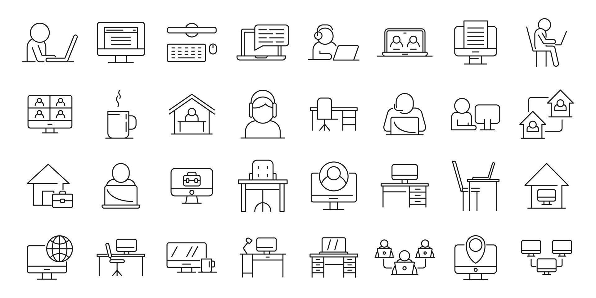 conjunto de ícones de escritório em casa, estilo de estrutura de tópicos vetor