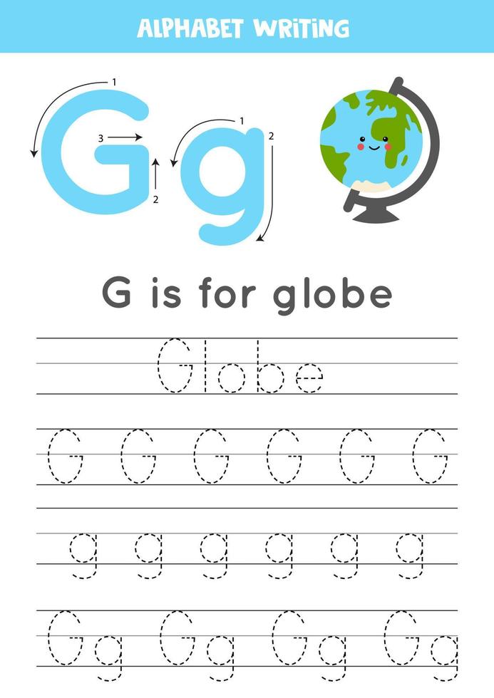 aprendendo o alfabeto inglês para crianças. letra g. globo kawaii fofo. vetor