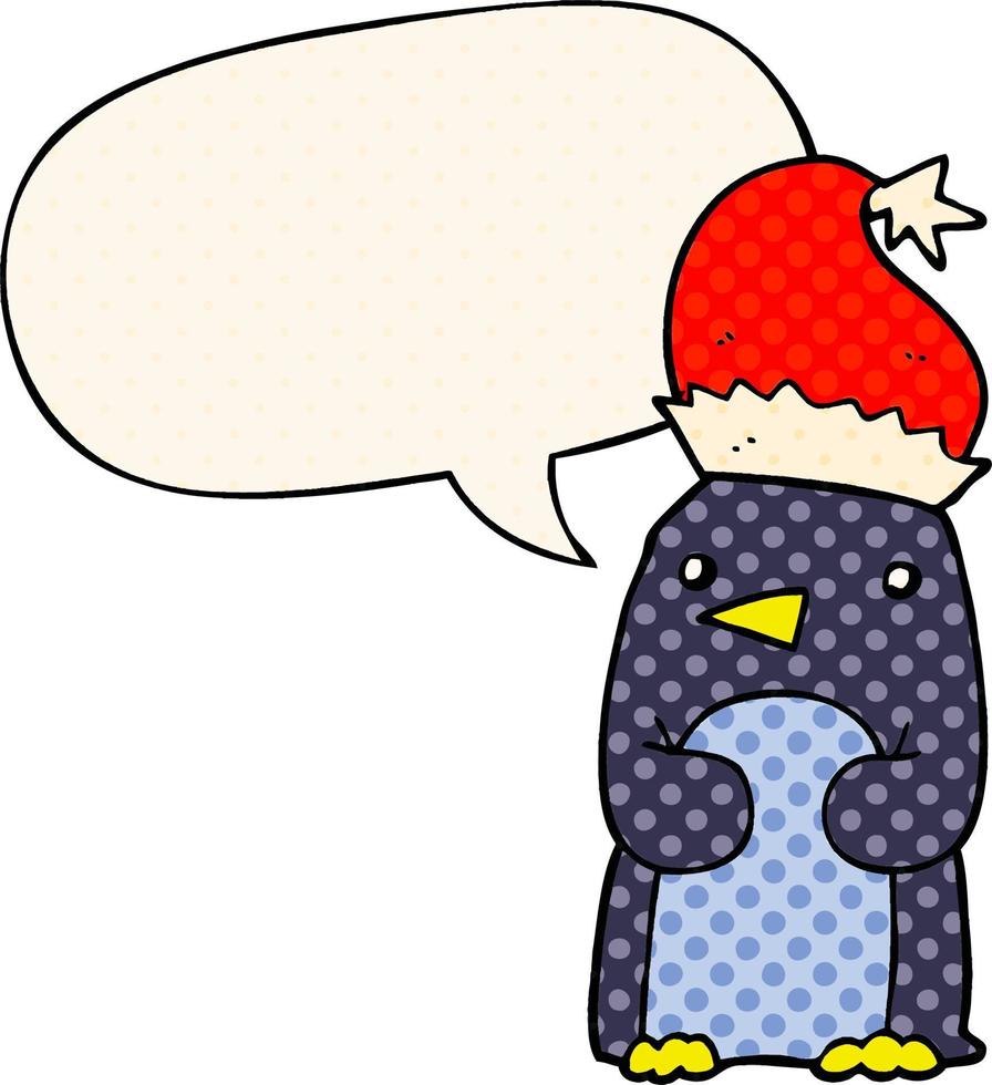 pinguim de natal fofo e bolha de fala no estilo de quadrinhos vetor