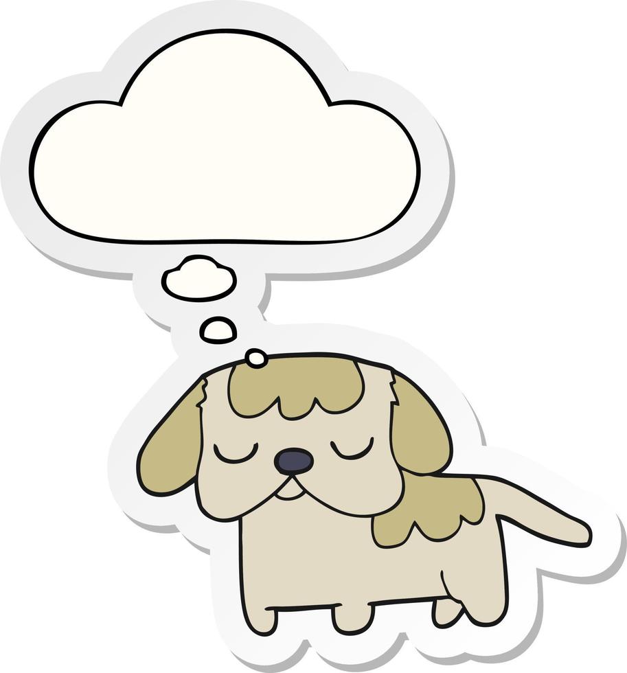 cachorrinho bonito dos desenhos animados e balão de pensamento como um adesivo impresso vetor