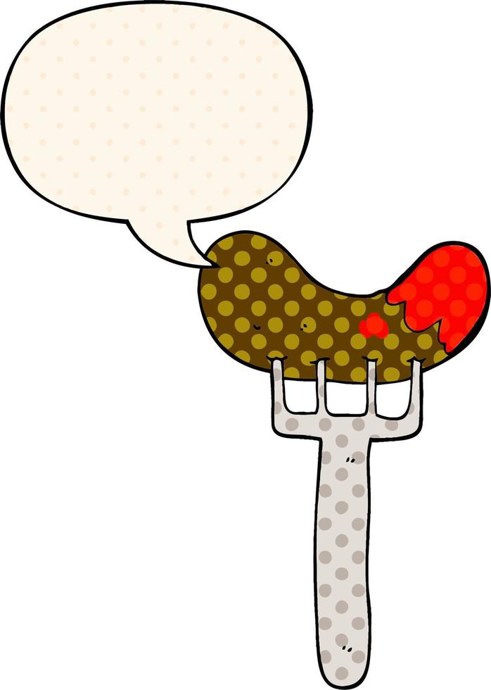 salsicha de desenho animado no garfo e balão no estilo de quadrinhos vetor