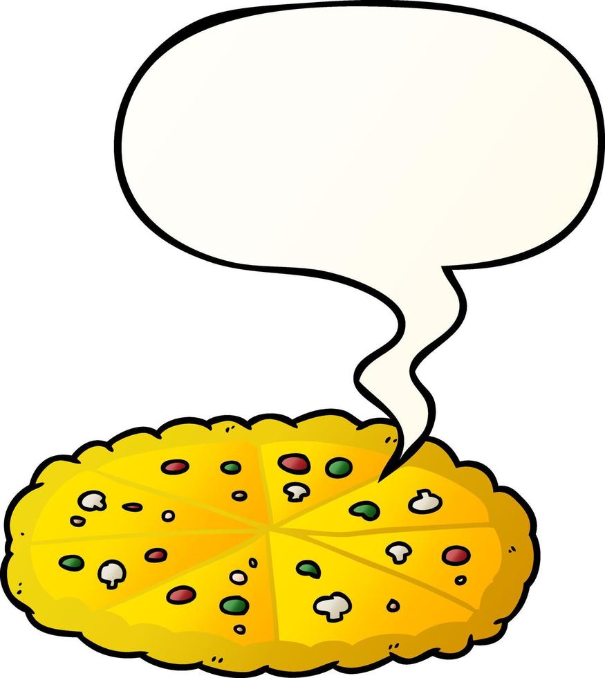 desenho animado pizza de queijo duplo e bolha de fala no estilo de gradiente suave vetor