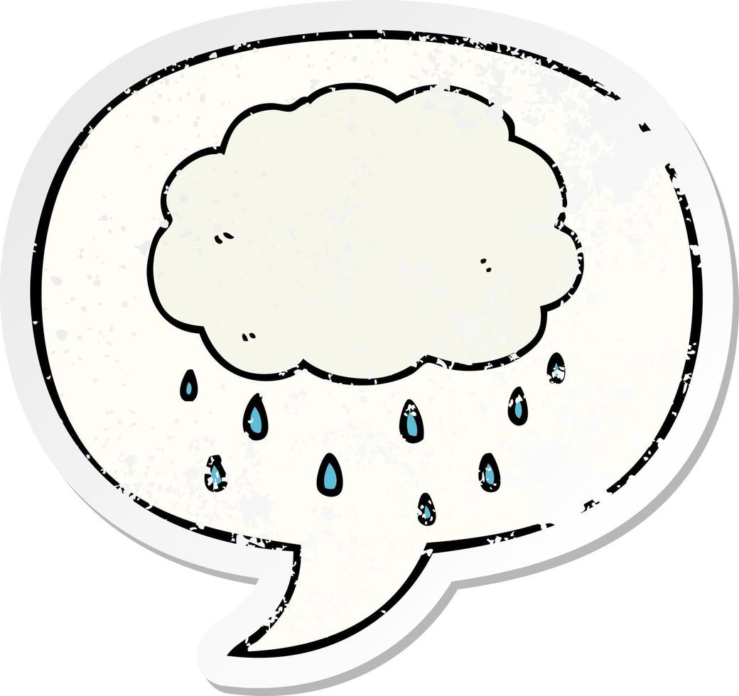 adesivo angustiado de nuvem de chuva de desenho animado e bolha de fala vetor
