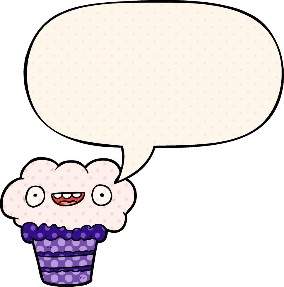 cupcake de desenho animado e bolha de fala no estilo de quadrinhos vetor