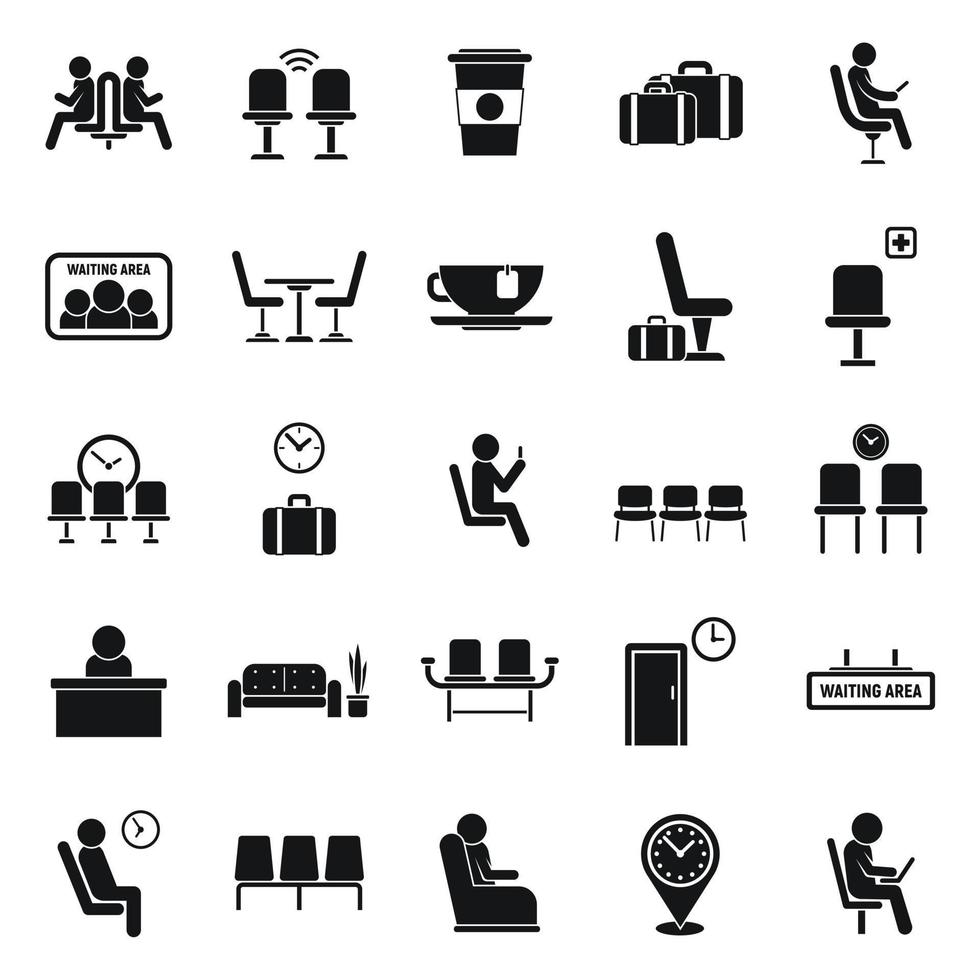 ícones de área de espera definir vetor simples. sala de espera