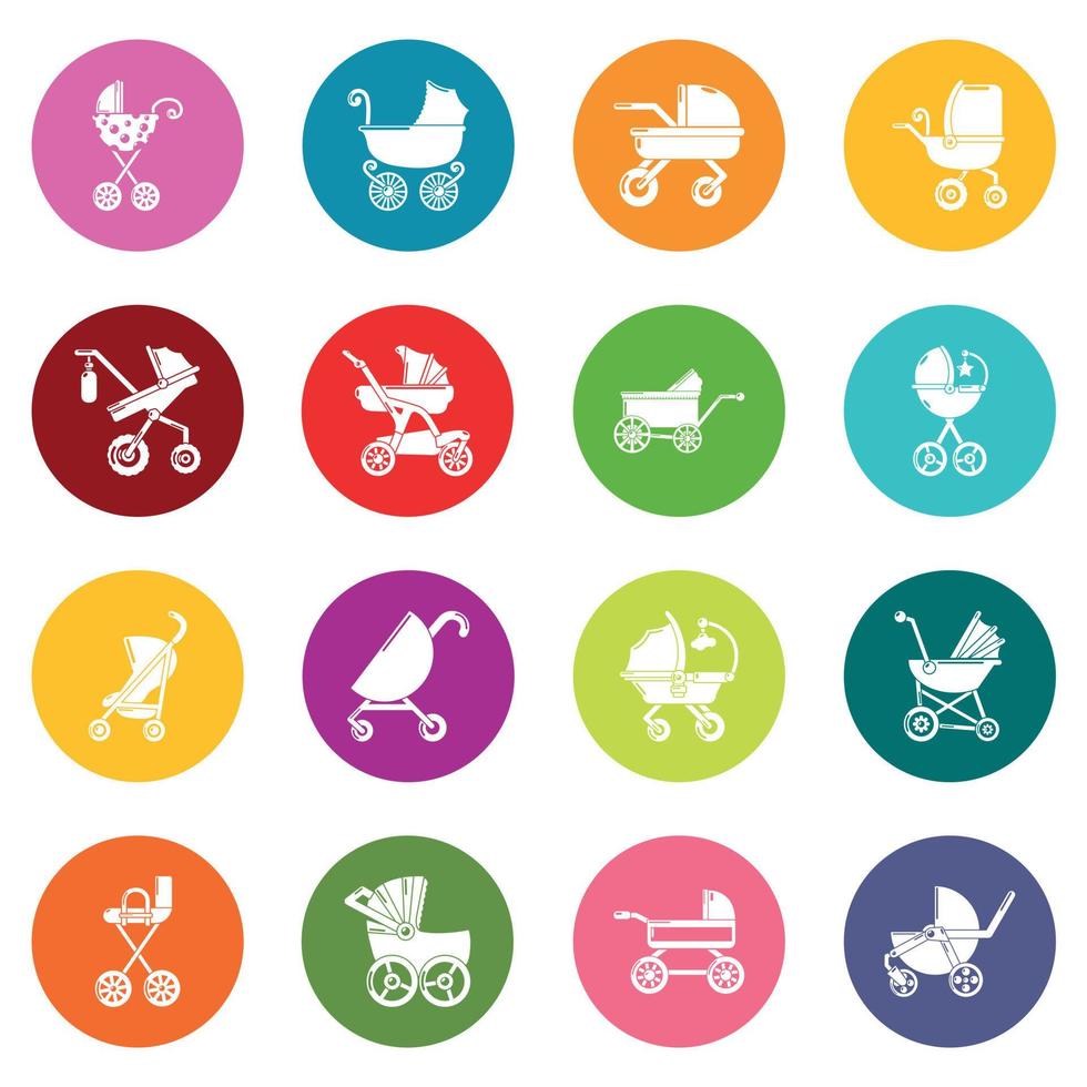 ícones de carrinho de bebê definir vetor de círculos coloridos