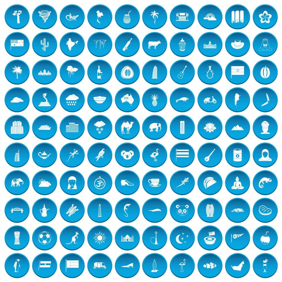 100 ícones de animais exóticos definidos em azul vetor