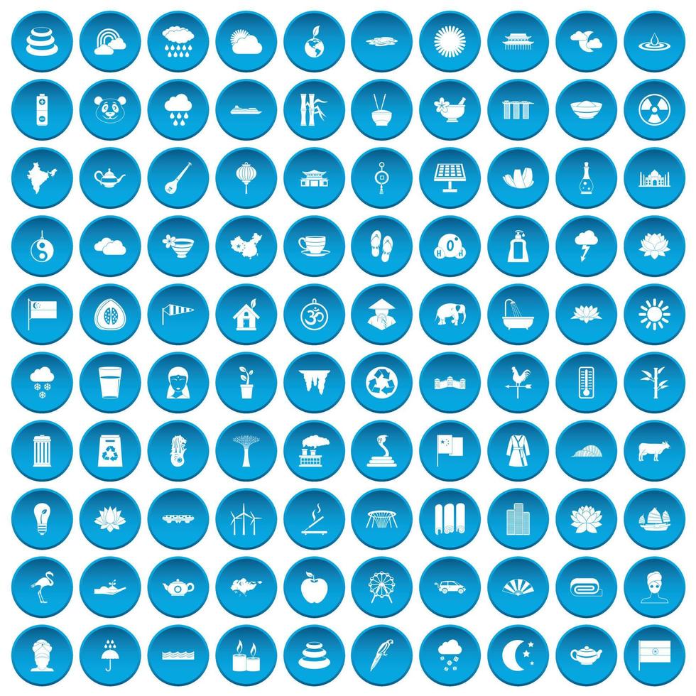 100 ícones de lótus conjunto azul vetor