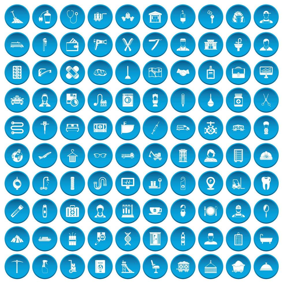 100 ícones de artesanato conjunto azul vetor