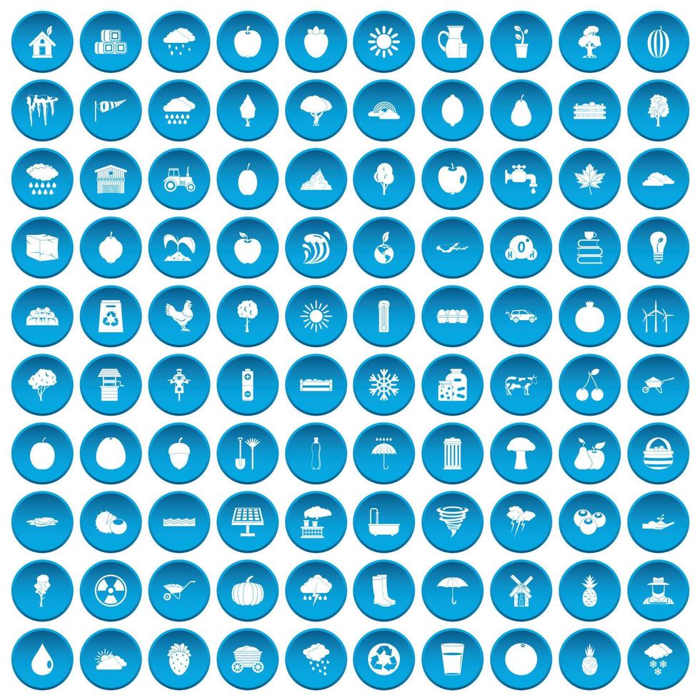 100 ícones de frutas conjunto azul vetor
