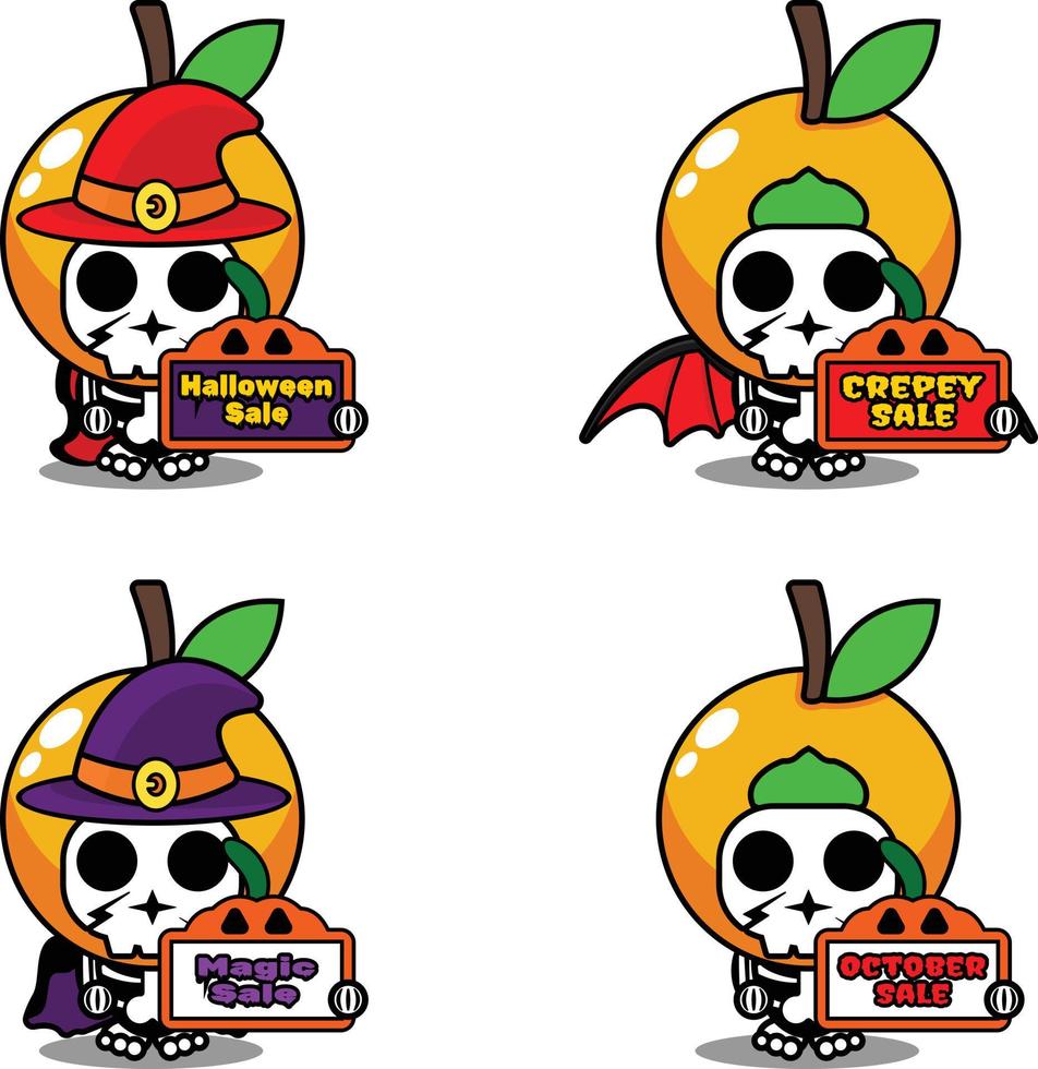 vetor de desenho animado de personagem de fantasia de mascote de osso de fruta laranja. segurando a placa de halloween de venda