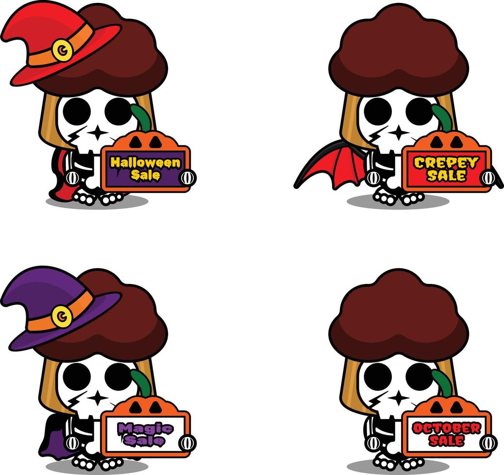 vetor personagem de desenho animado mascote fantasia de muffin de osso comida segurando venda placa de halloween